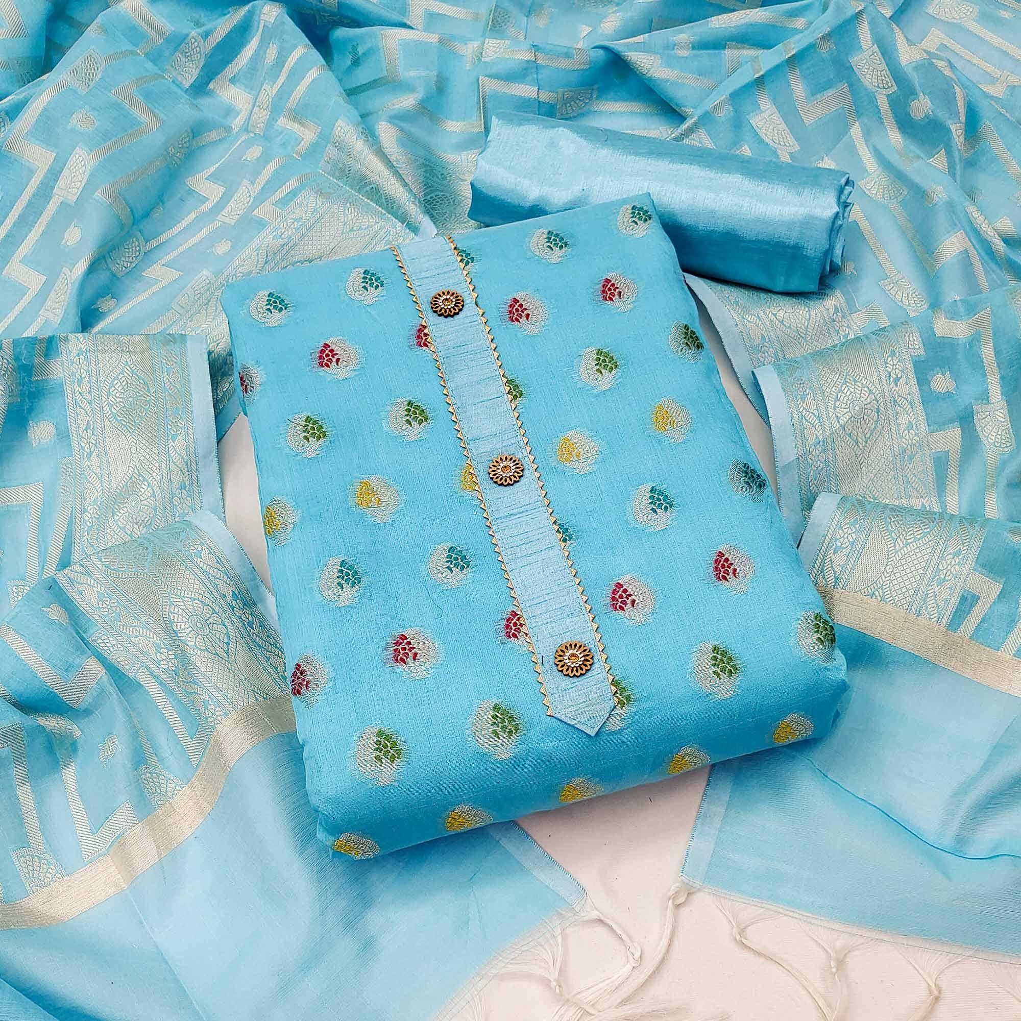 Blue Embroidered With Woven Banarasi Silk Dress Material - Peachmode