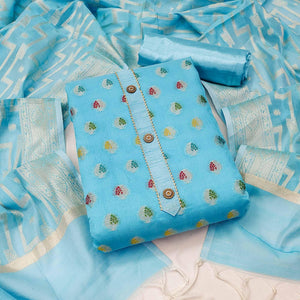 Blue Embroidered With Woven Banarasi Silk Dress Material - Peachmode