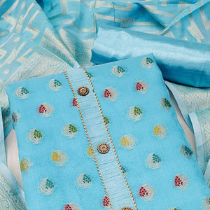 Blue Embroidered With Woven Banarasi Silk Dress Material - Peachmode