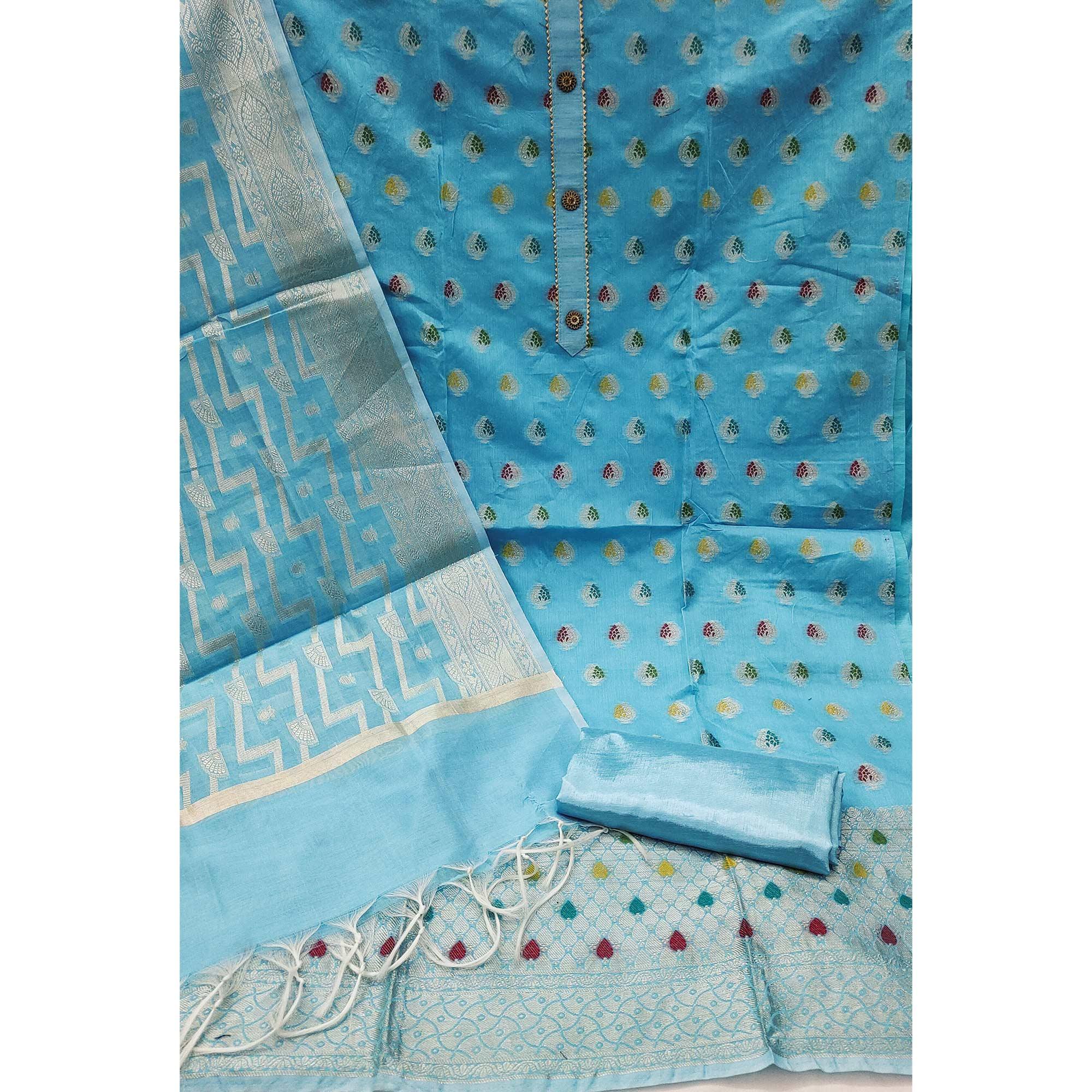 Blue Embroidered With Woven Banarasi Silk Dress Material - Peachmode