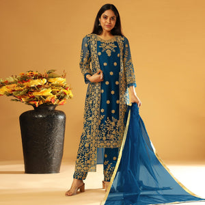 Blue Embroidery & Cording Work Net Partywear Suit With Koti - Peachmode