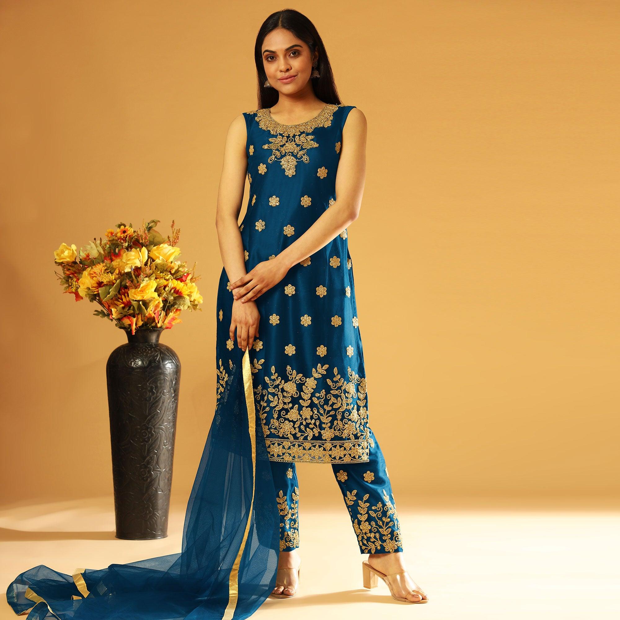 Blue Embroidery & Cording Work Net Partywear Suit With Koti - Peachmode
