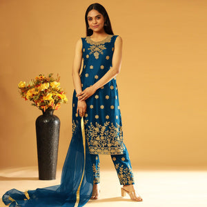 Blue Embroidery & Cording Work Net Partywear Suit With Koti - Peachmode