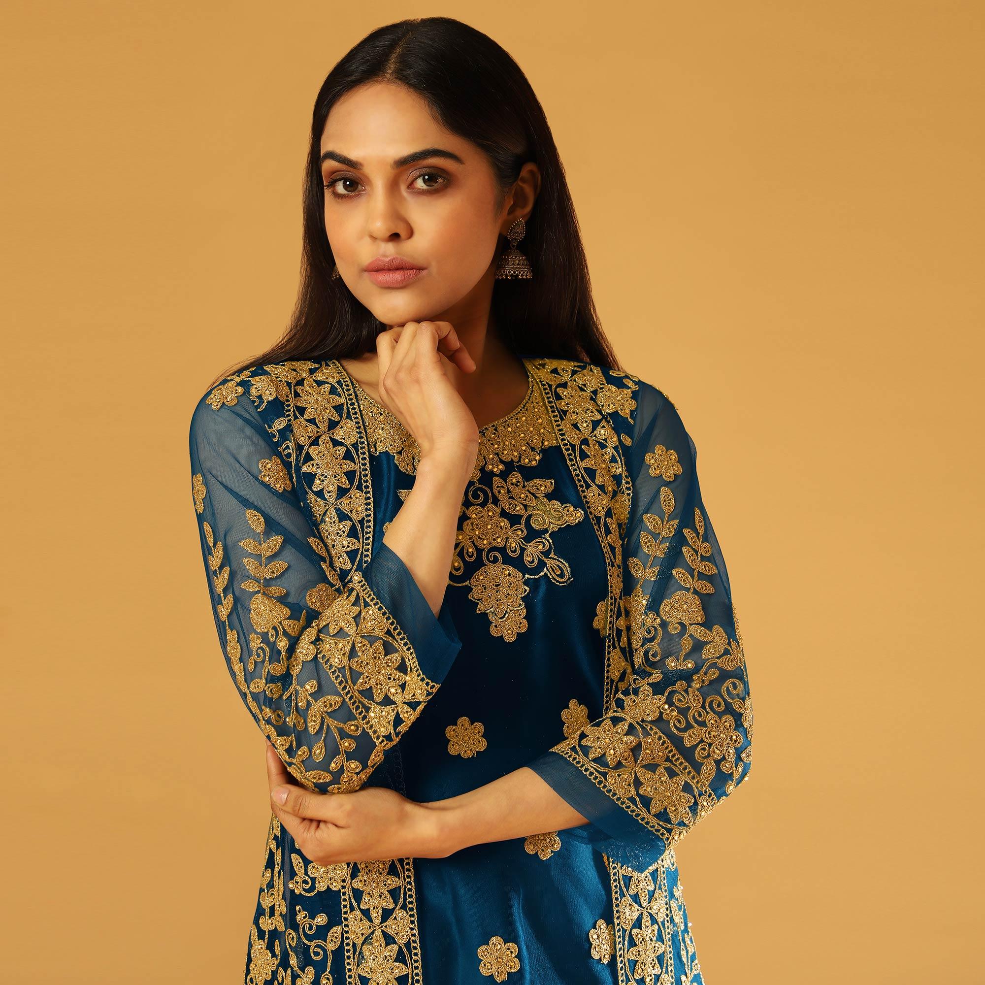 Blue Embroidery & Cording Work Net Partywear Suit With Koti - Peachmode