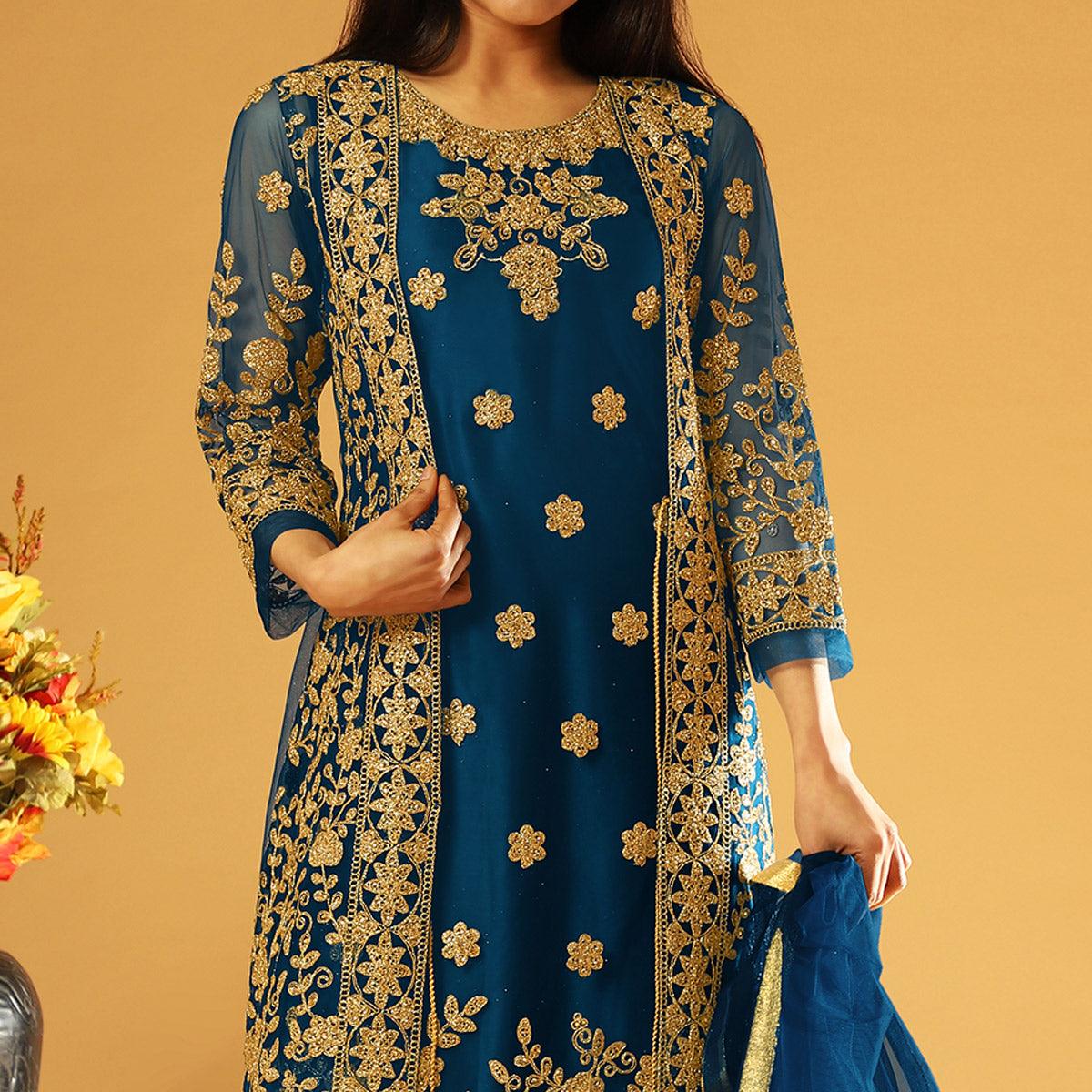 Blue Embroidery & Cording Work Net Partywear Suit With Koti - Peachmode