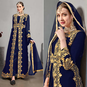 Blue Embroidery With Heavy Stonework Georgette Partywear Suit With Jacket - Peachmode