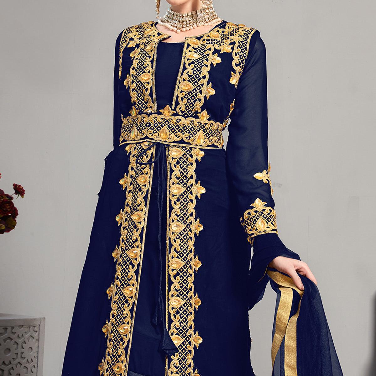 Blue Embroidery With Heavy Stonework Georgette Partywear Suit With Jacket - Peachmode