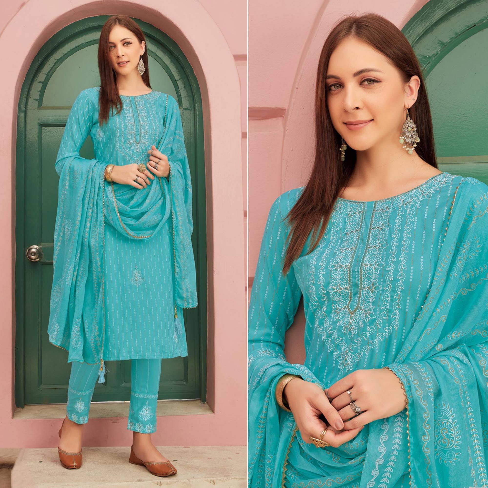 Blue Embroidery With Printed Pure Cotton Kurti Pant Set With Dupatta - Peachmode