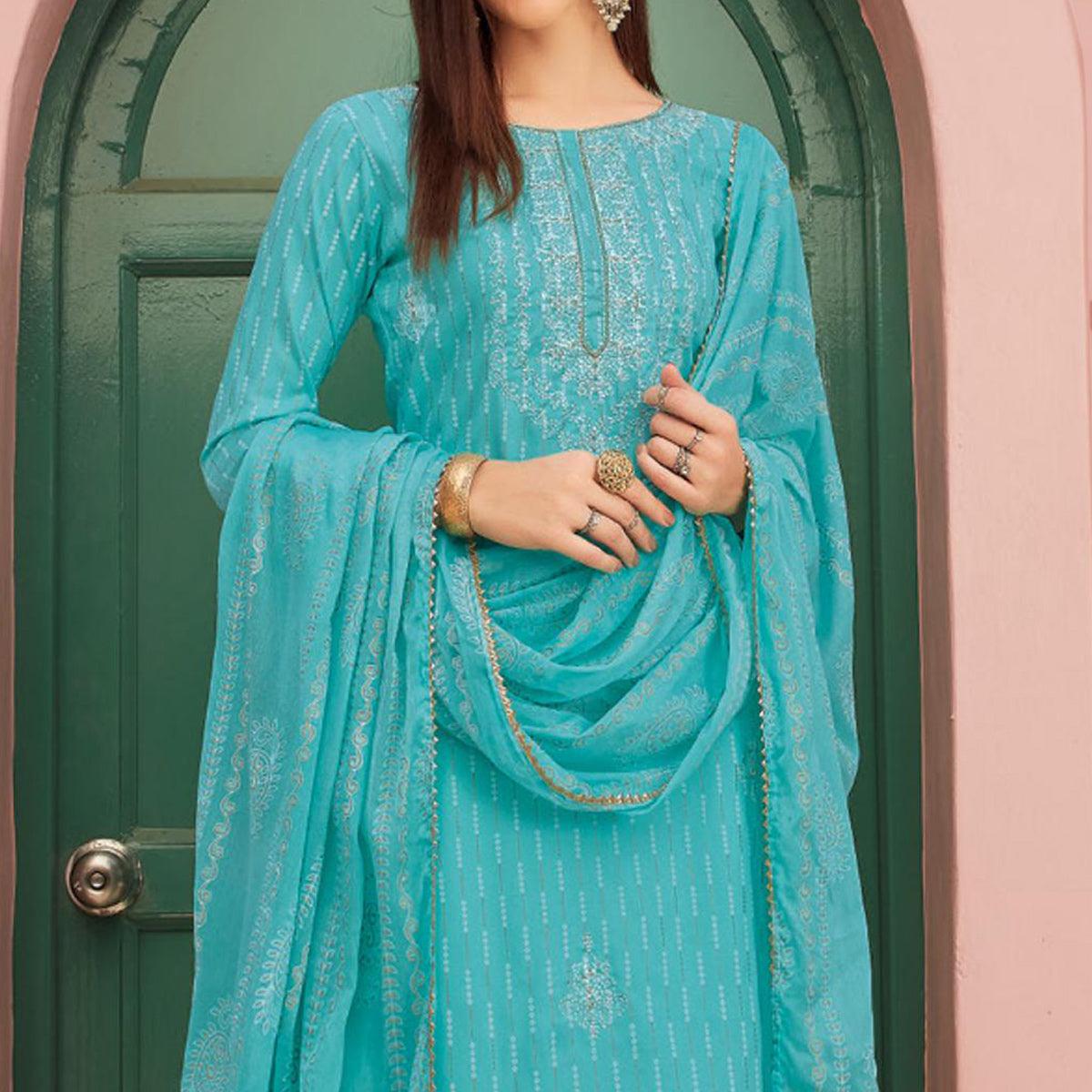 Blue Embroidery With Printed Pure Cotton Kurti Pant Set With Dupatta - Peachmode