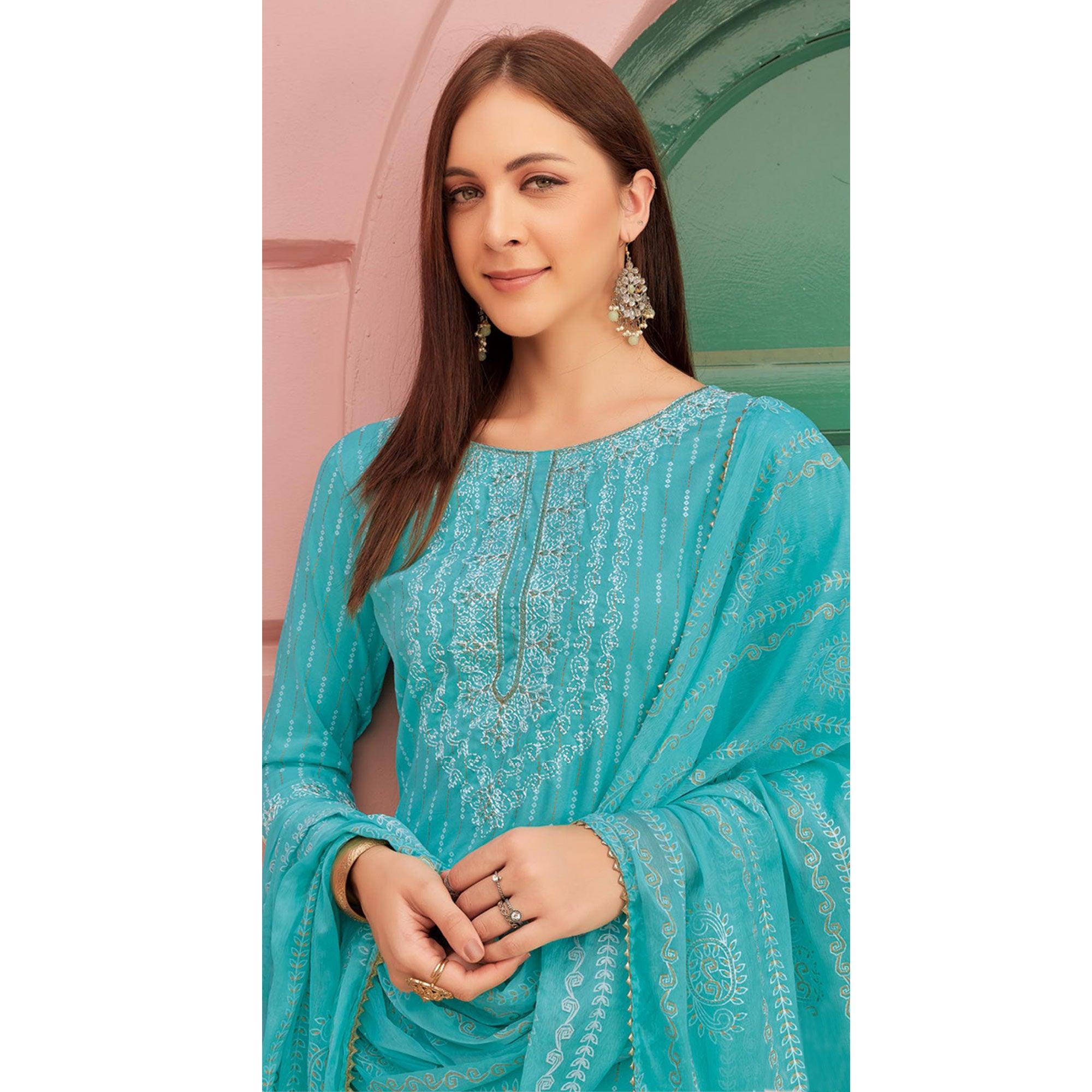 Blue Embroidery With Printed Pure Cotton Kurti Pant Set With Dupatta - Peachmode