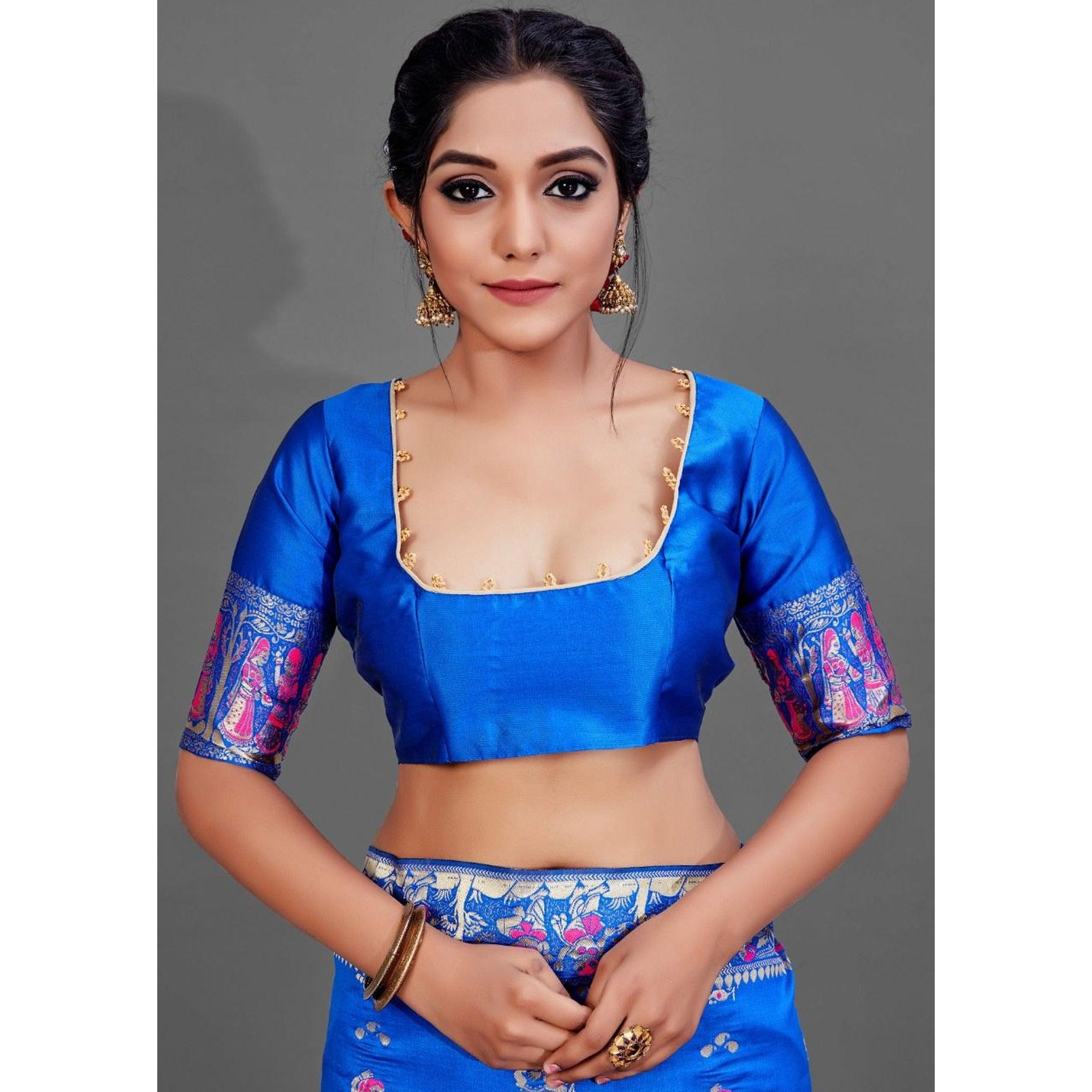 Blue Festive Art Silk Saree With Unstitched Blouse - Peachmode