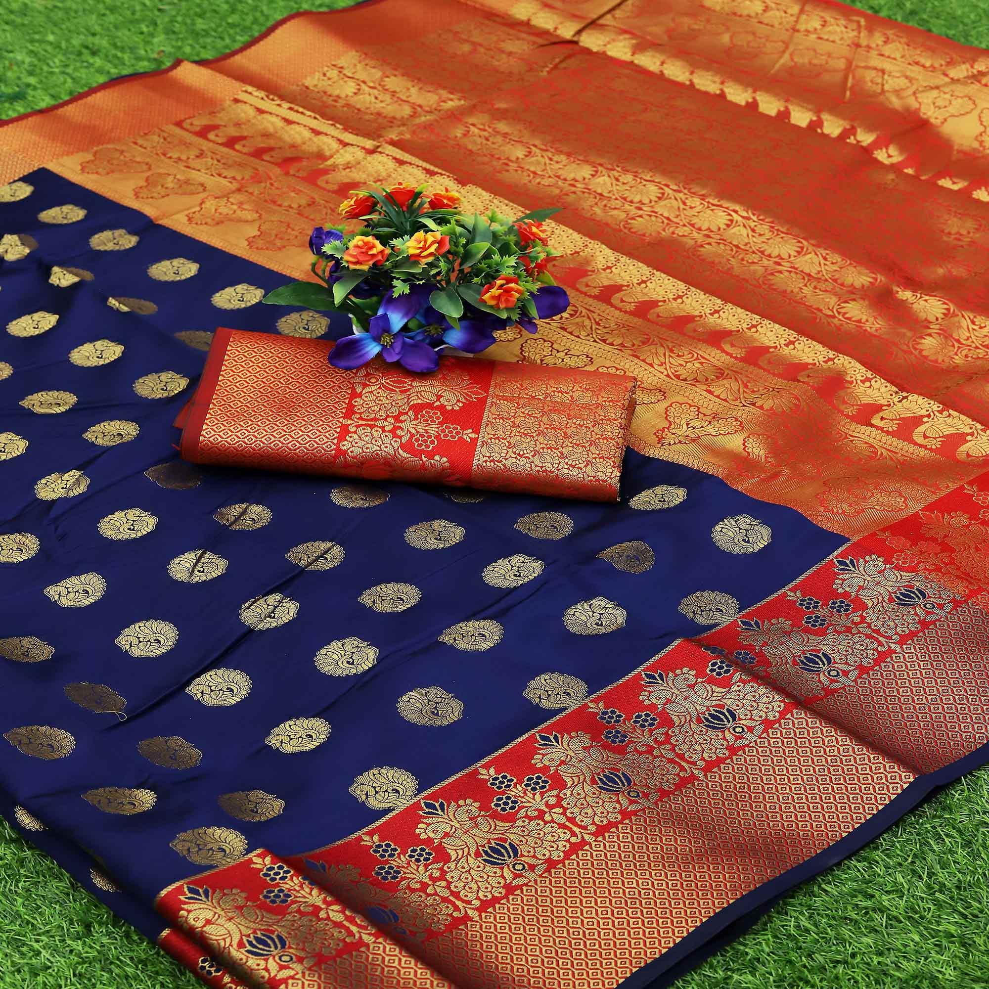 Blue Festive Embroidered Kota Banarasi Art Silk Saree - Peachmode
