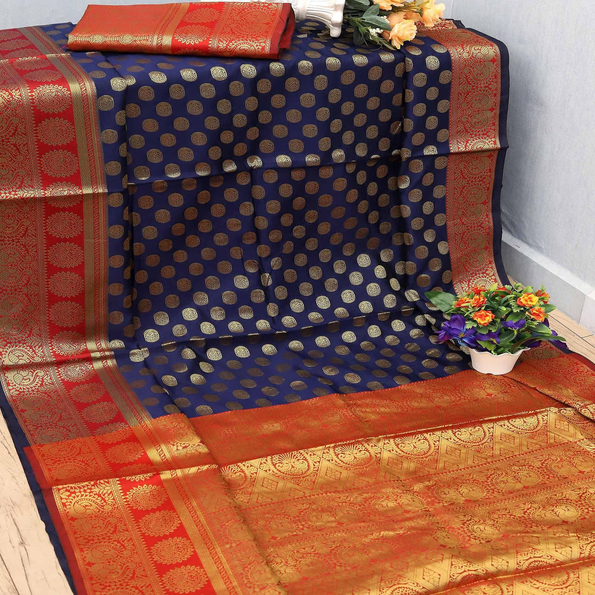 Blue Festive Embroidered Kota Banarasi Art Silk Saree - Peachmode