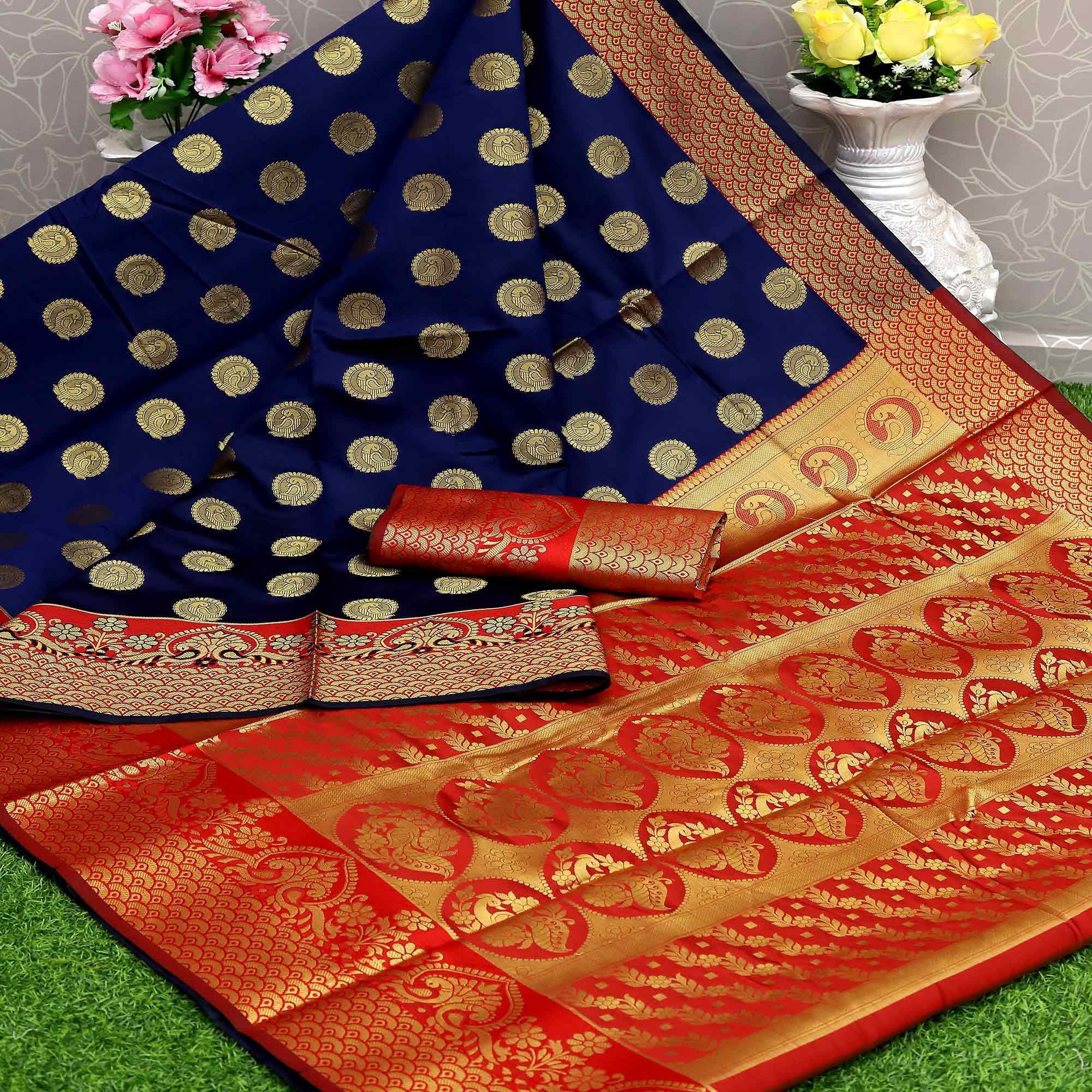 Blue Festive Embroidered Kota Banarasi Art Silk Saree - Peachmode