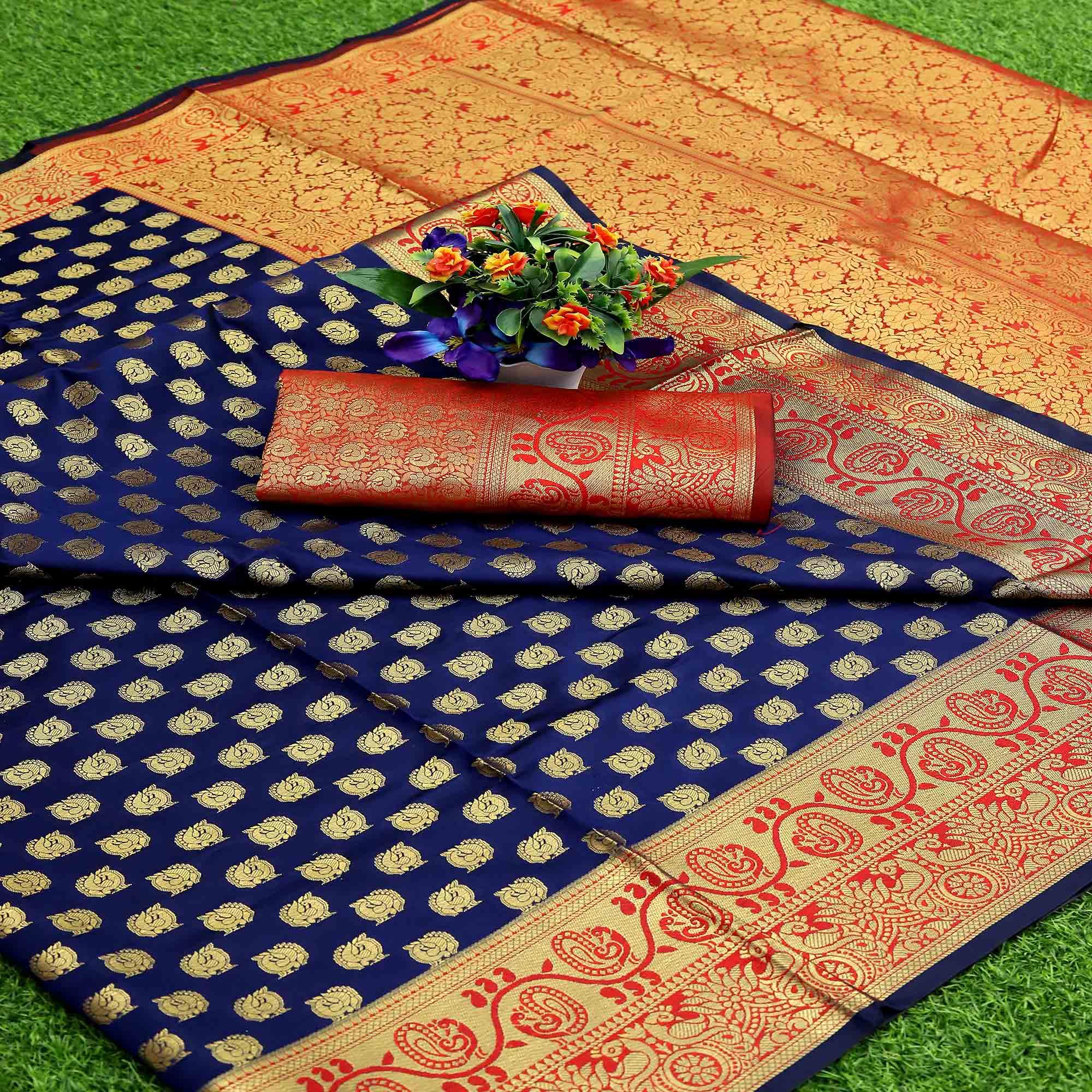 Blue Festive Embroidered Kota Banarasi Art Silk Saree - Peachmode
