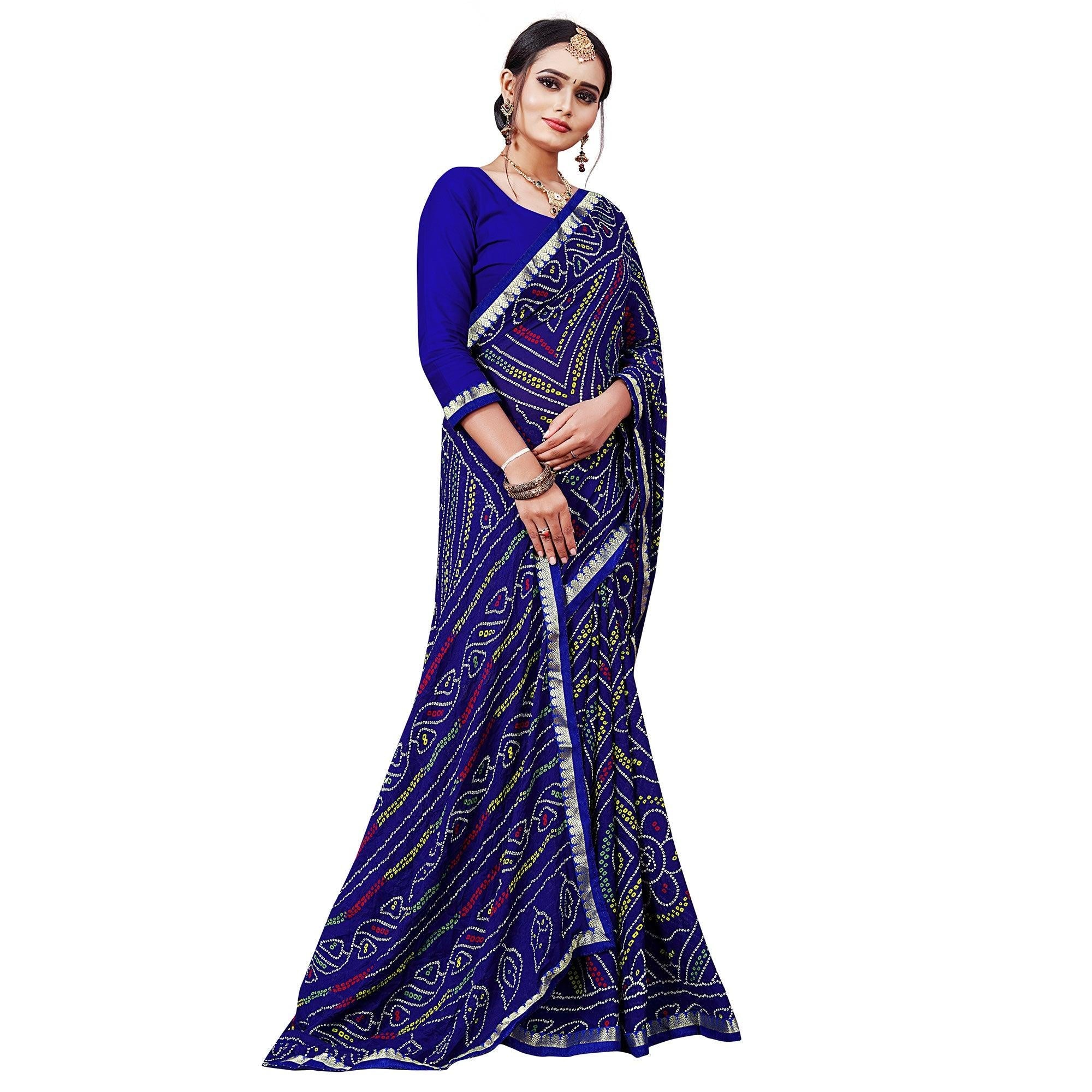 Blue Festive Wear Bandhani Printed Georgette Saree With Lace Border - Peachmode