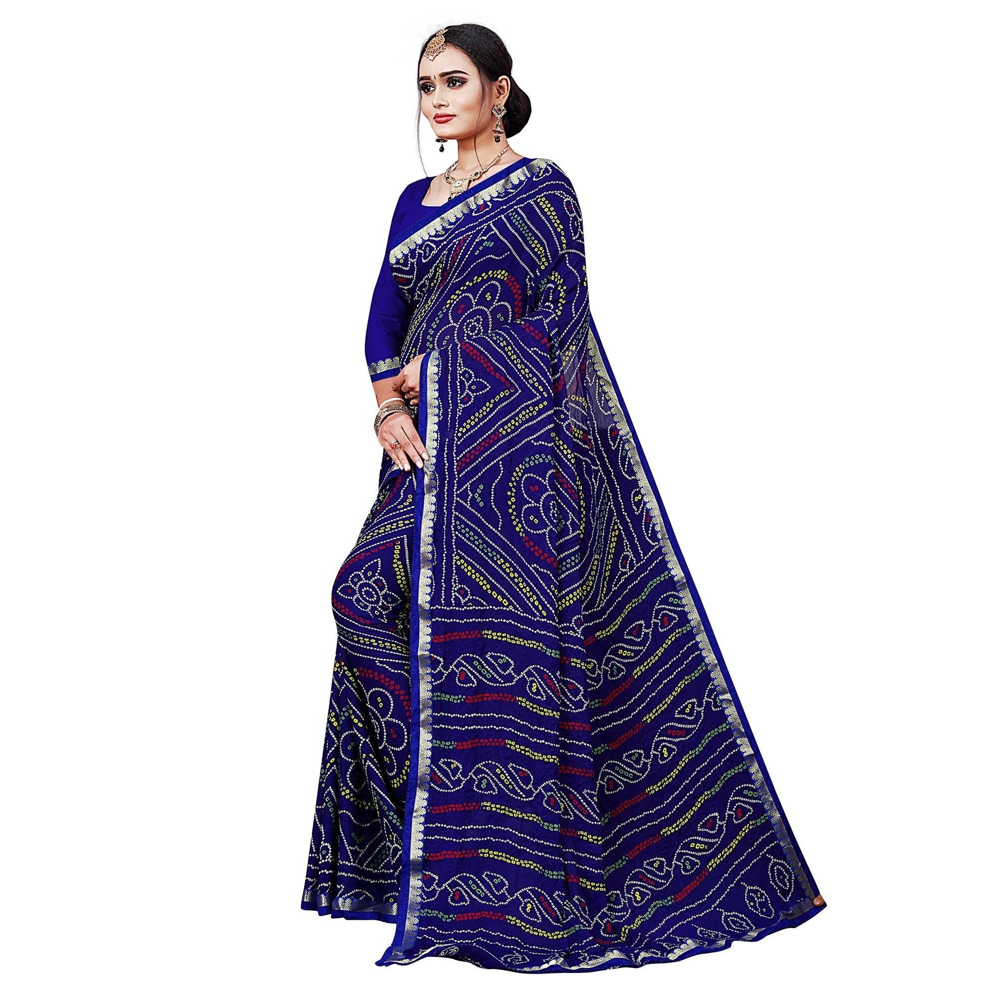 Blue Festive Wear Bandhani Printed Georgette Saree With Lace Border - Peachmode