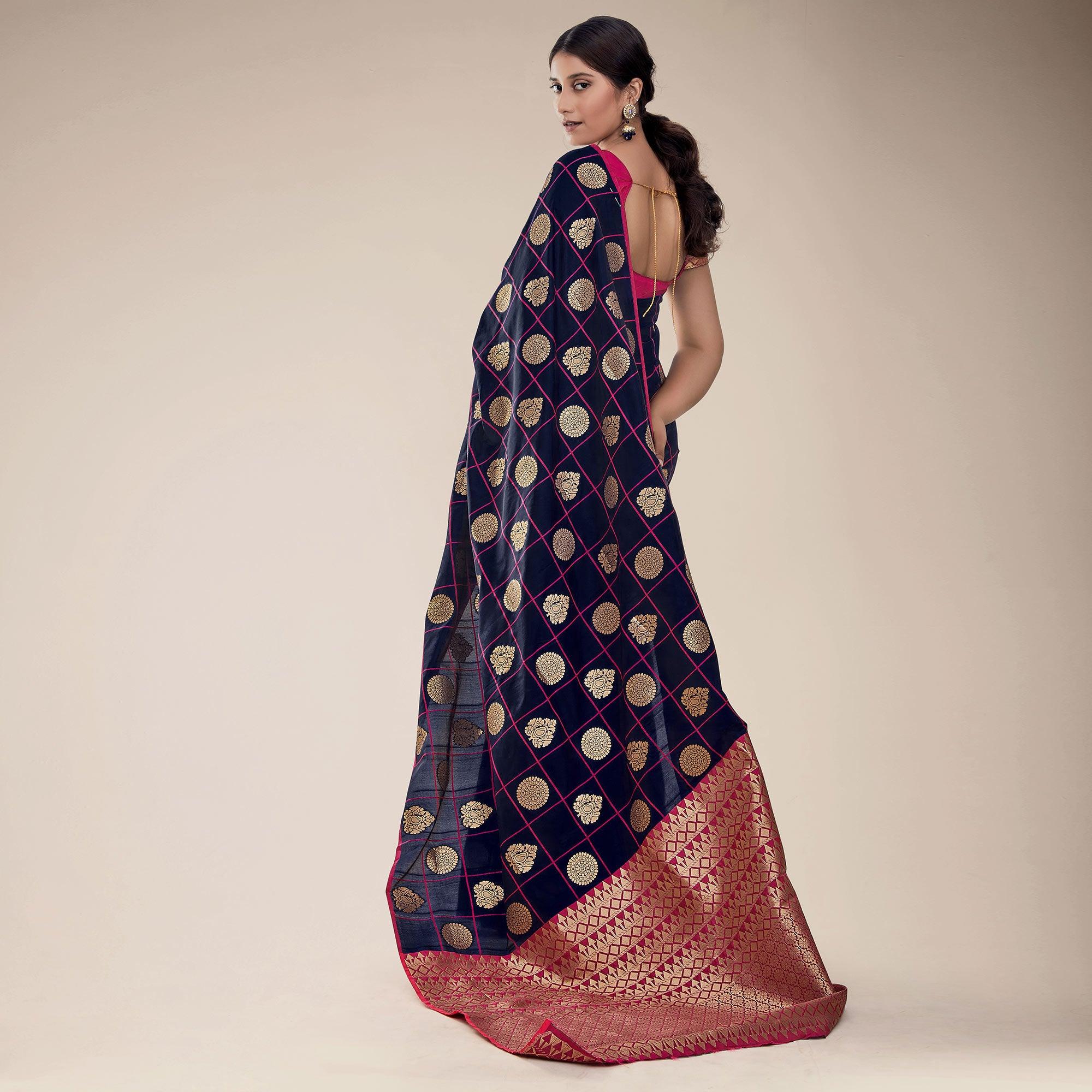 Blue Festive Wear Checks Designer Weaving Butta Silk Saree With Heavy Pallu - Peachmode