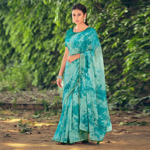 Blue Festive Wear Crochet Work Georgette Saree - Peachmode