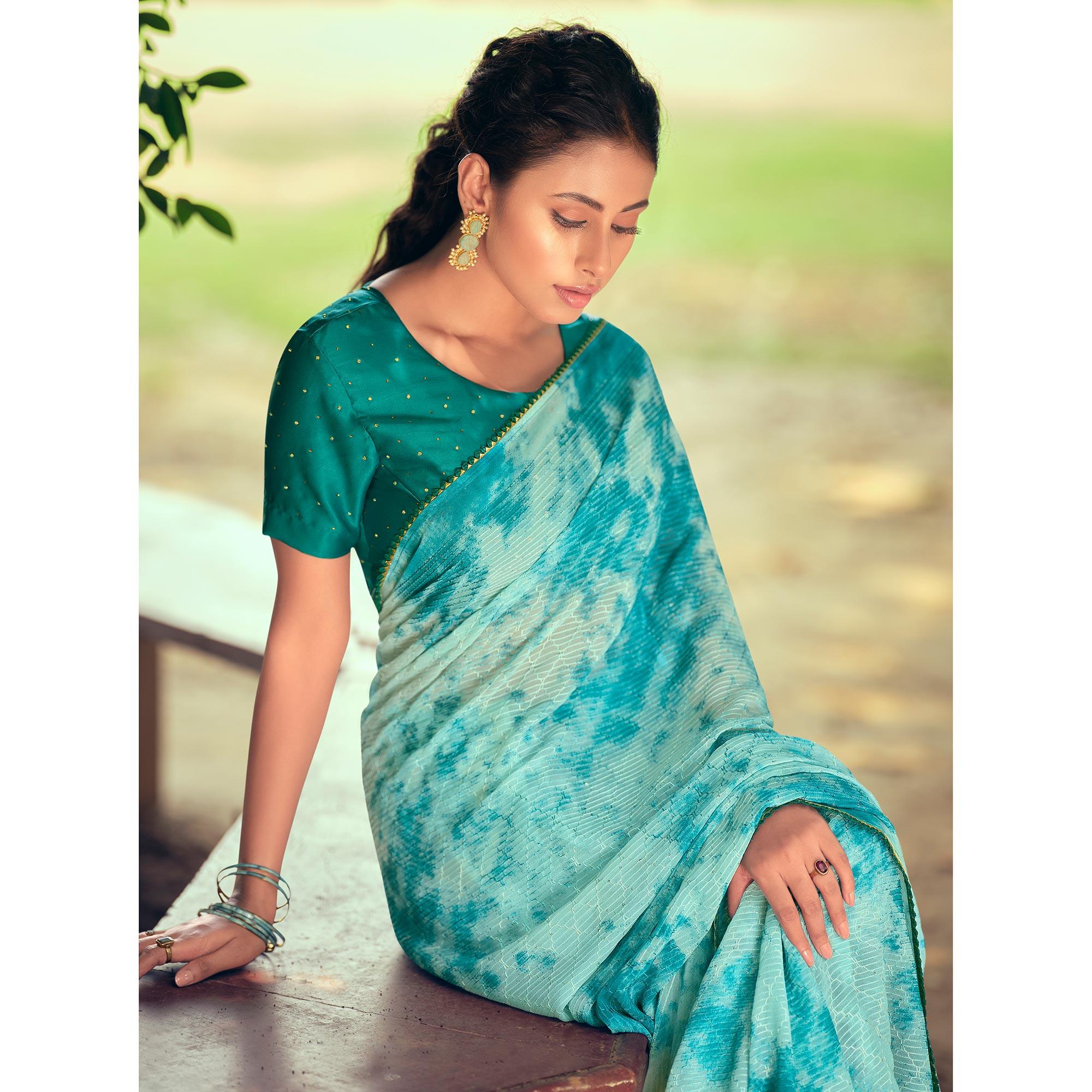 Blue Festive Wear Crochet Work Georgette Saree - Peachmode