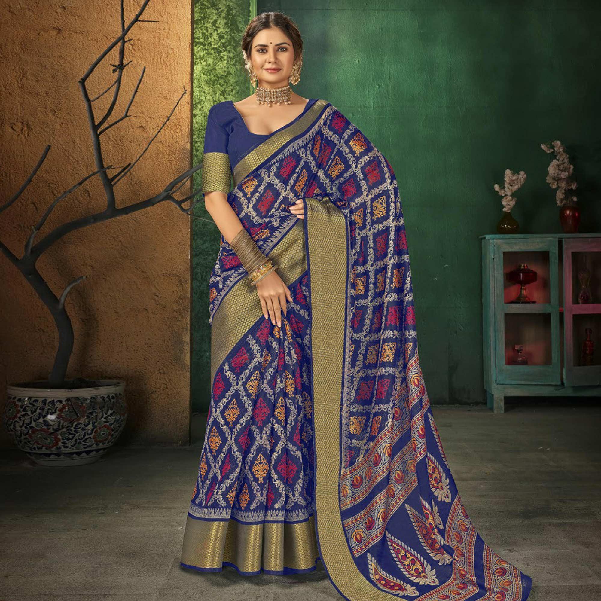 Blue Festive Wear Digital Printed Cotton Saree - Peachmode