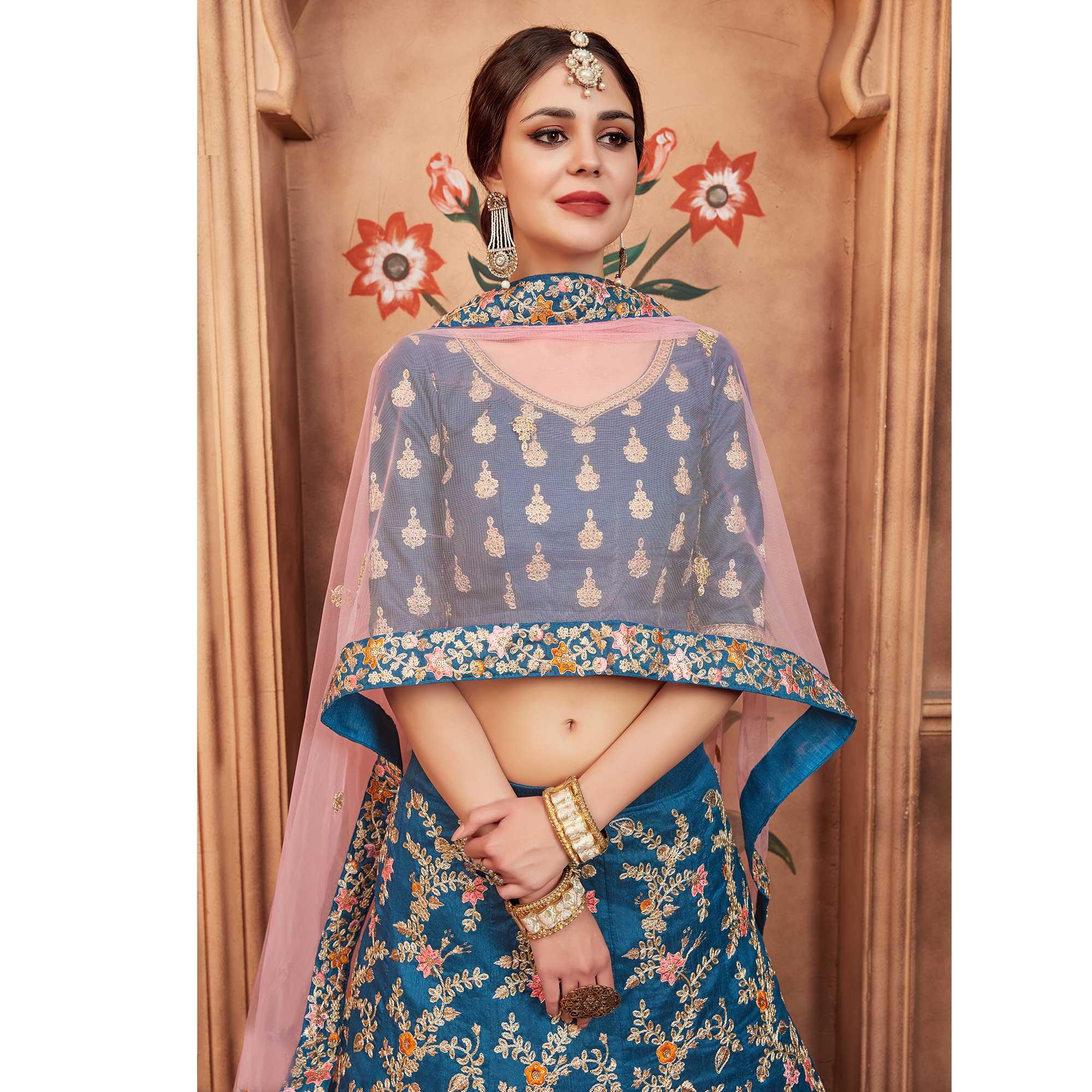 Blue Festive Wear Dori Thread Sequence Work Art Silk Lehenga Choli - Peachmode