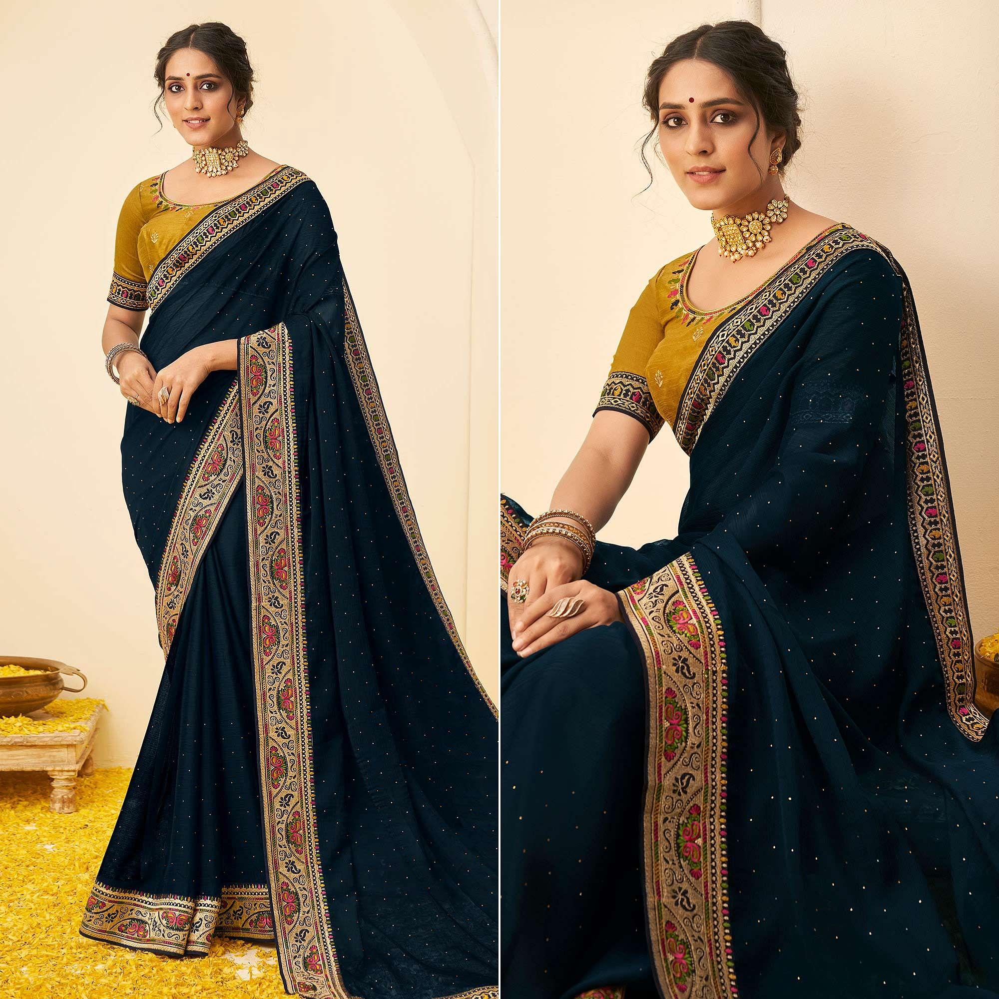Blue Festive Wear Embellished Chiffon Saree With Heavy Lace - Peachmode