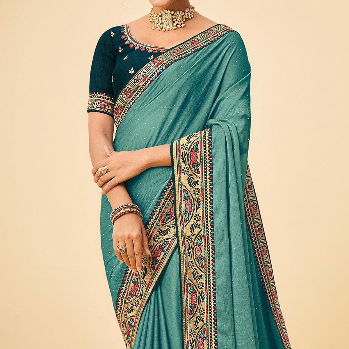 Blue Festive Wear Embellished Chiffon Saree With Heavy Lace - Peachmode