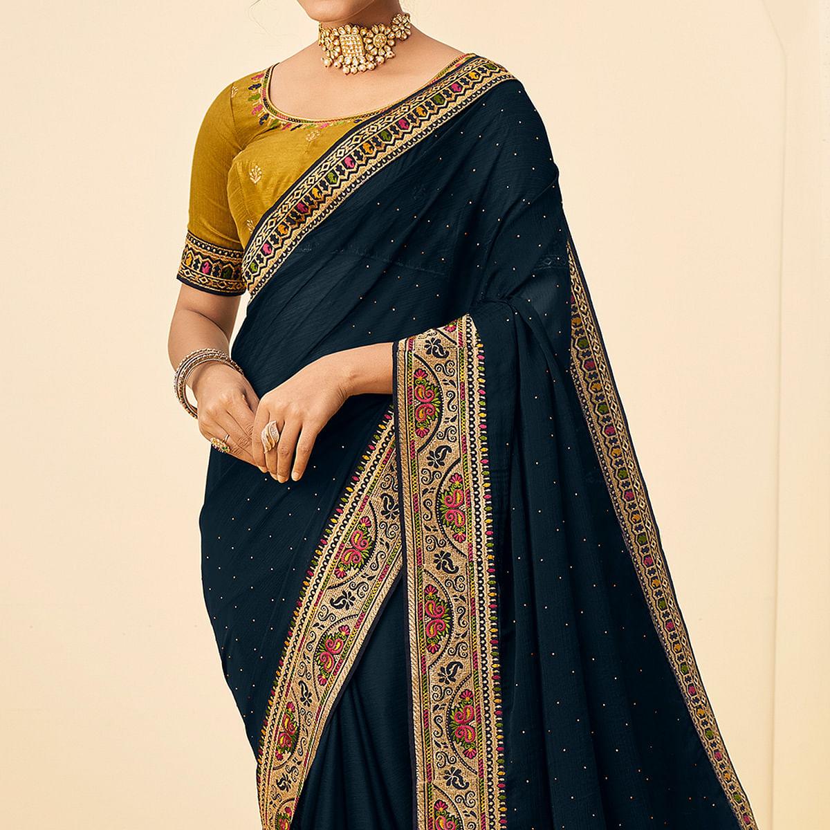 Blue Festive Wear Embellished Chiffon Saree With Heavy Lace - Peachmode