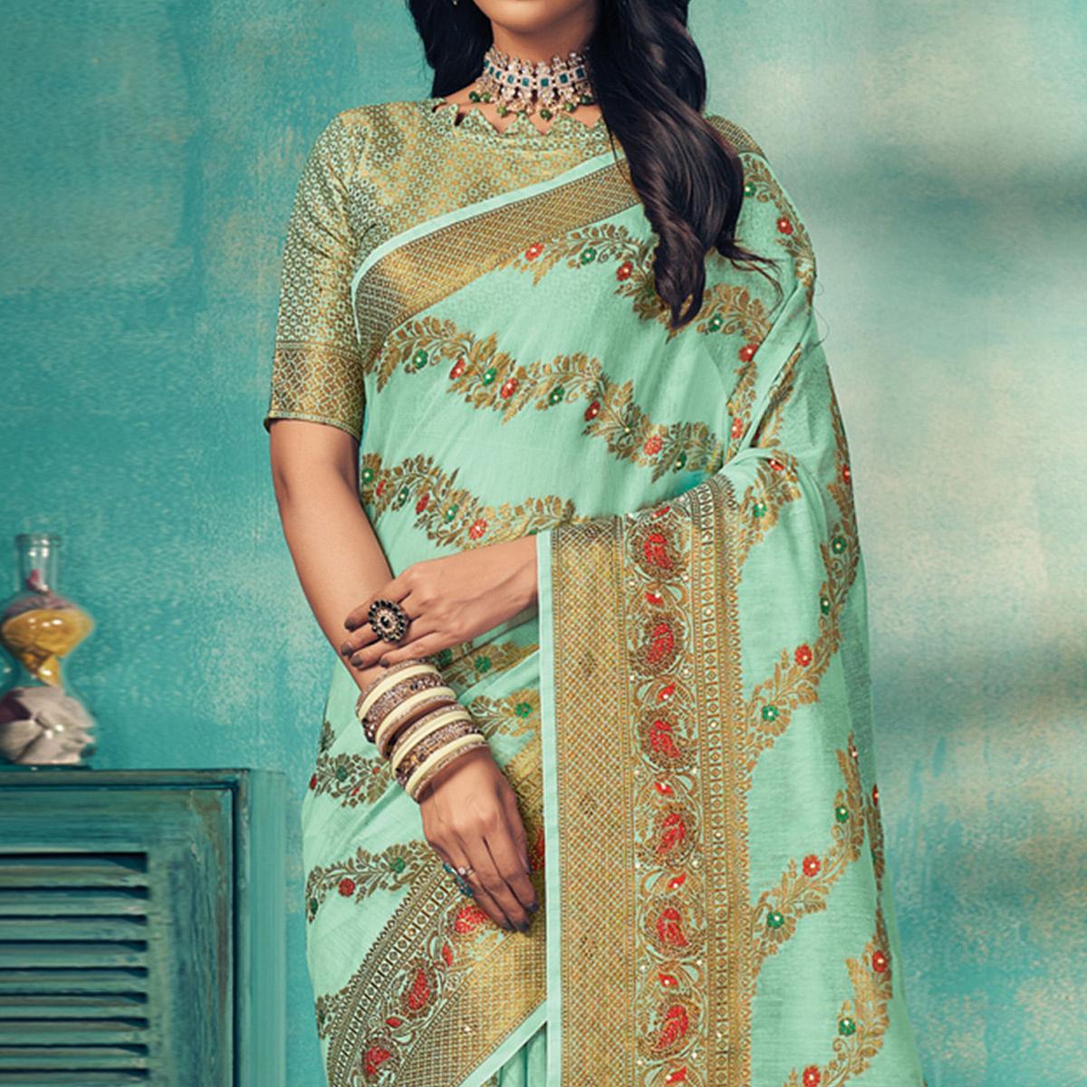 Blue Festive Wear Embellished Cotton Saree - Peachmode