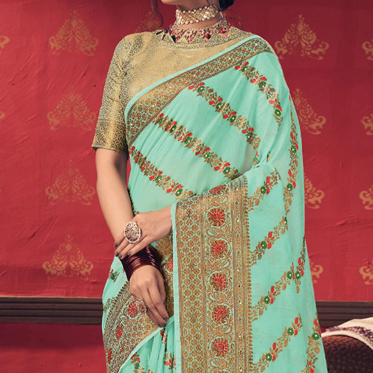 Blue Festive Wear Embellished Cotton Saree - Peachmode