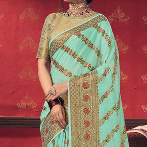 Blue Festive Wear Embellished Cotton Saree - Peachmode