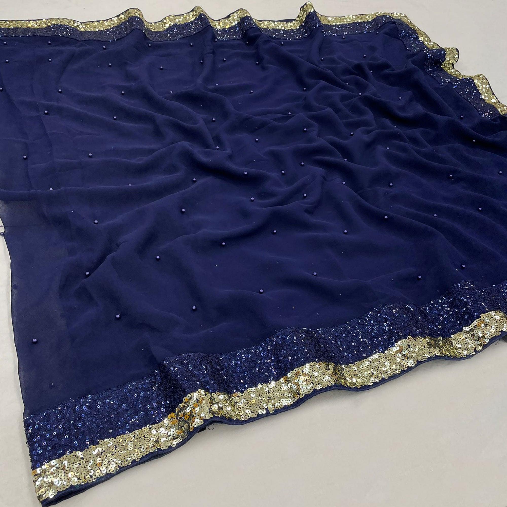 Blue Festive Wear Embellished Georgette Saree - Peachmode