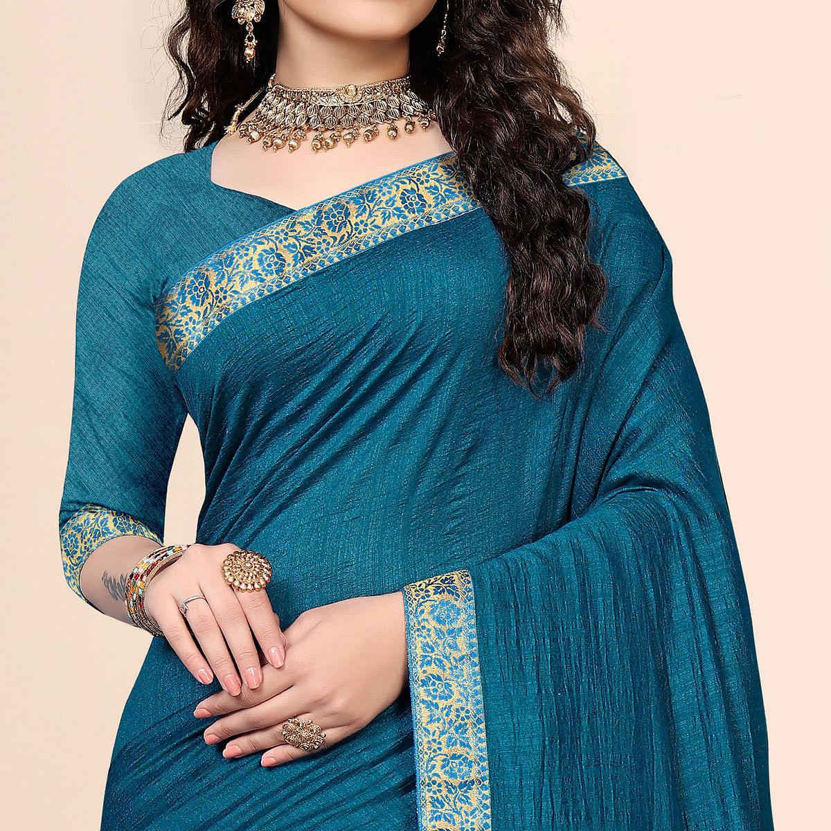 Blue Festive Wear Embellished Vichitra Silk Saree - Peachmode