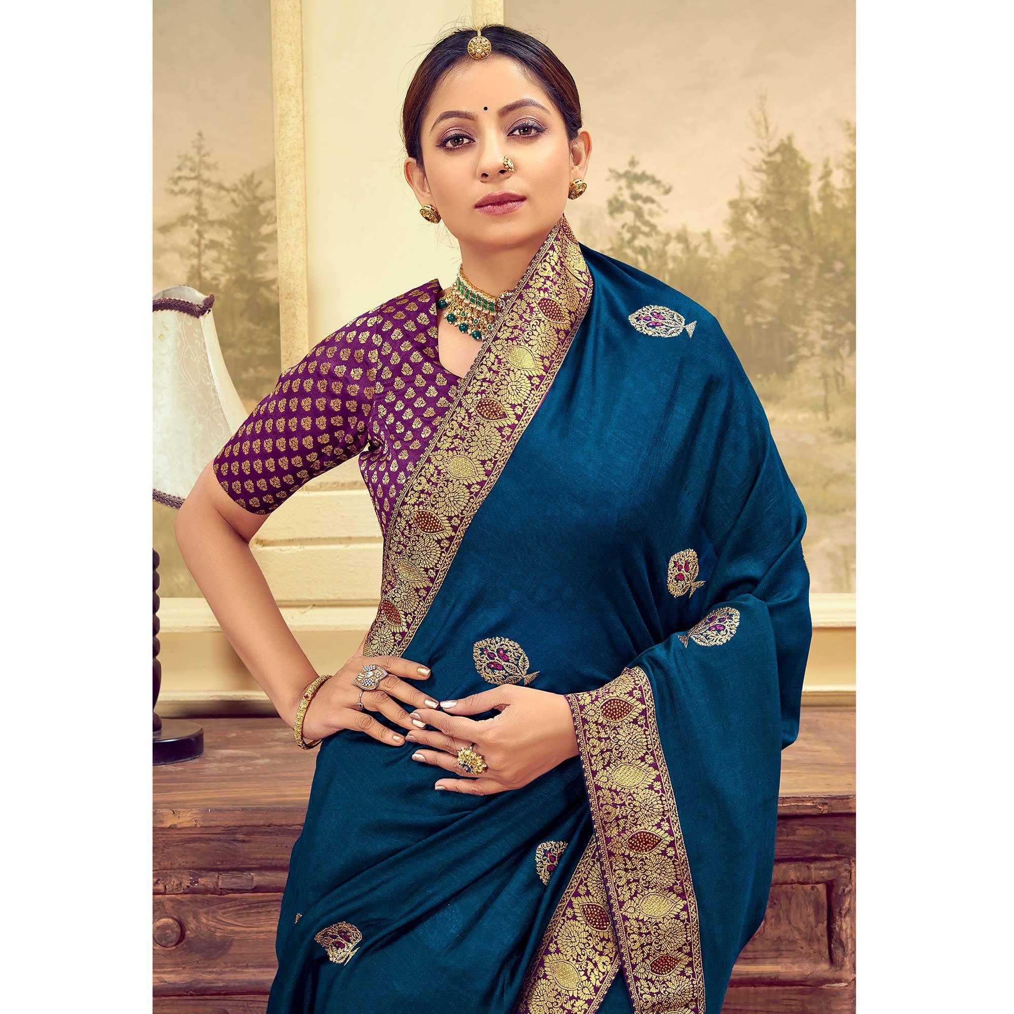 Blue Festive Wear Embroidered & Swarovski Silk Saree - Peachmode