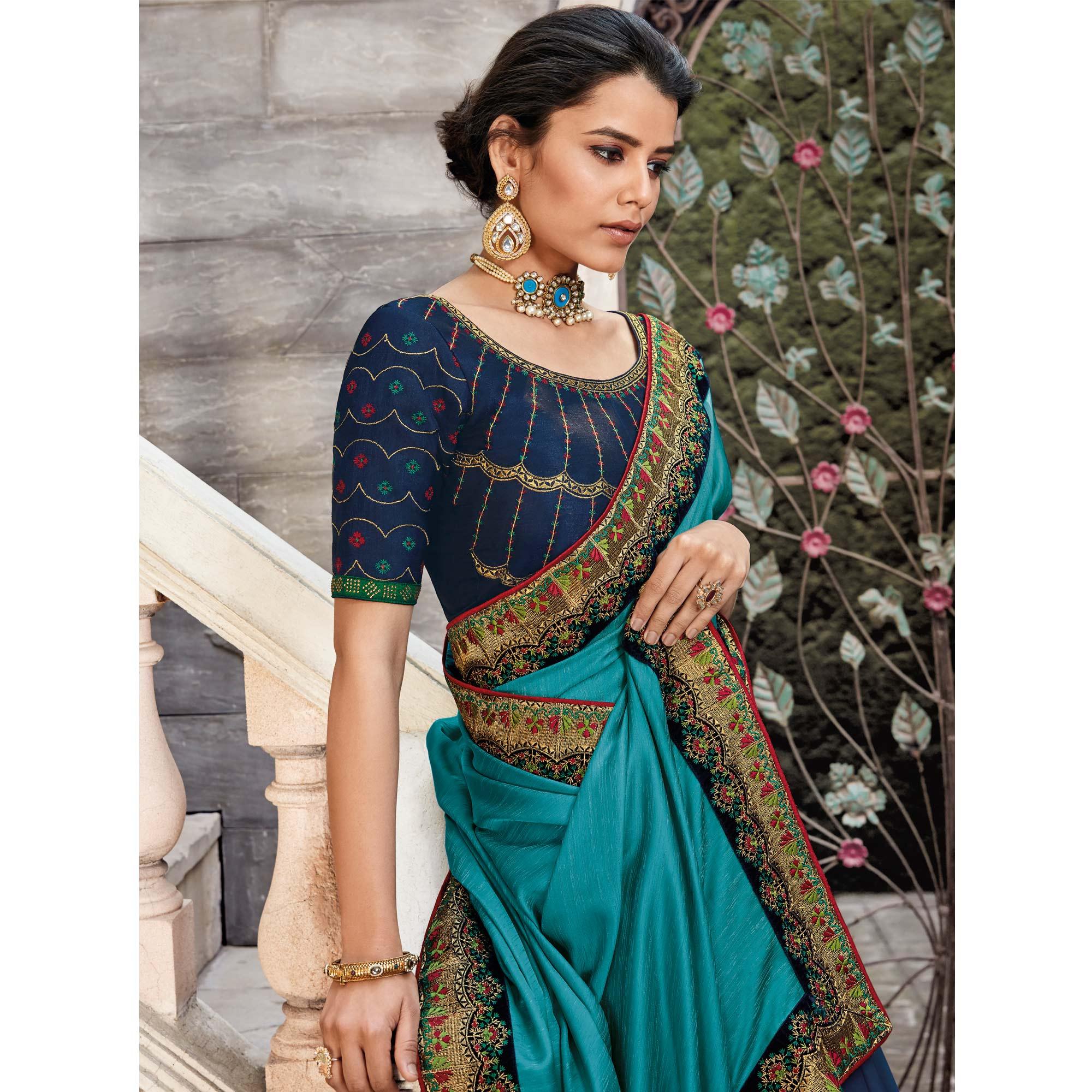 Blue Festive Wear Embroidered Art Silk Saree - Peachmode