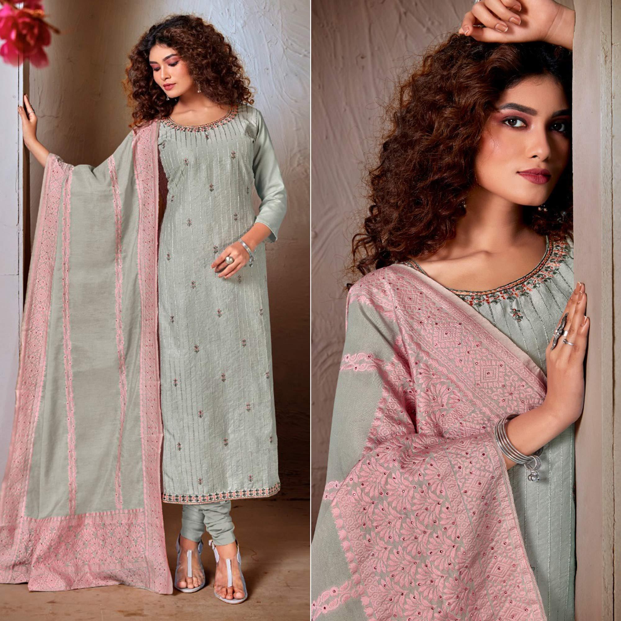 Blue Festive Wear Embroidered Chanderi Suit - Peachmode