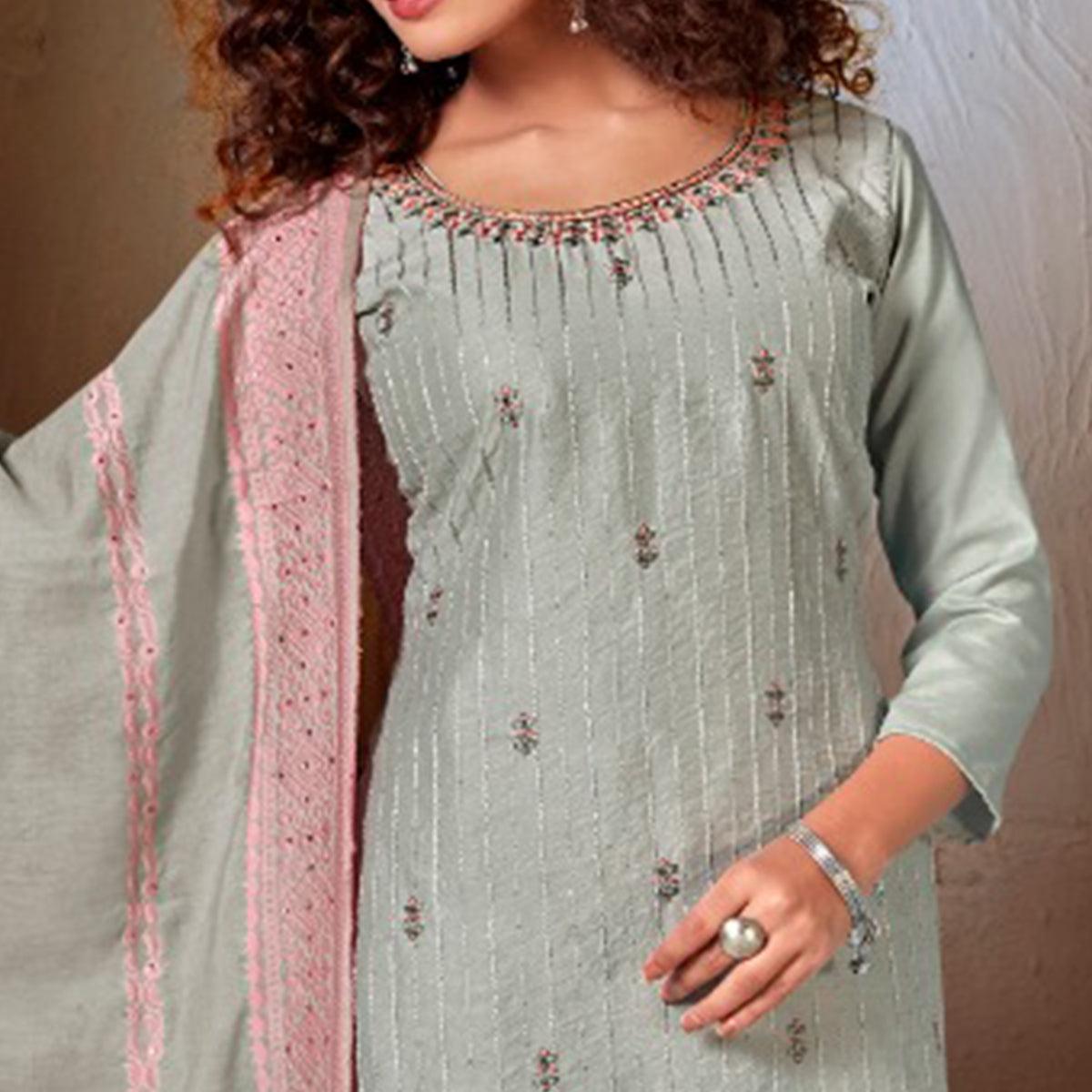 Blue Festive Wear Embroidered Chanderi Suit - Peachmode