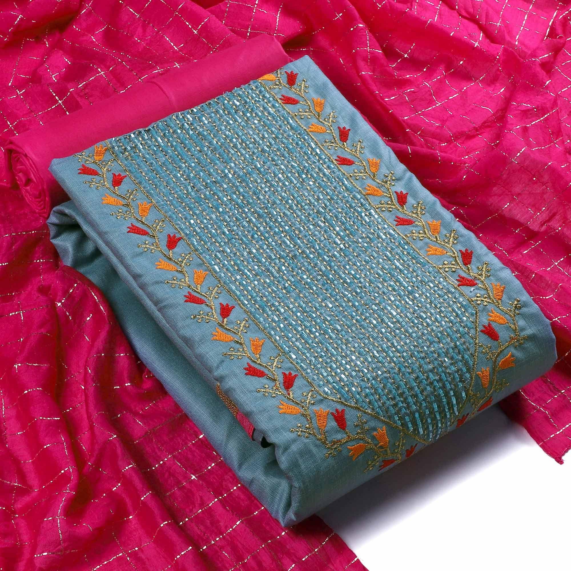 Blue Festive Wear Embroidered Cotton Dress Material - Peachmode