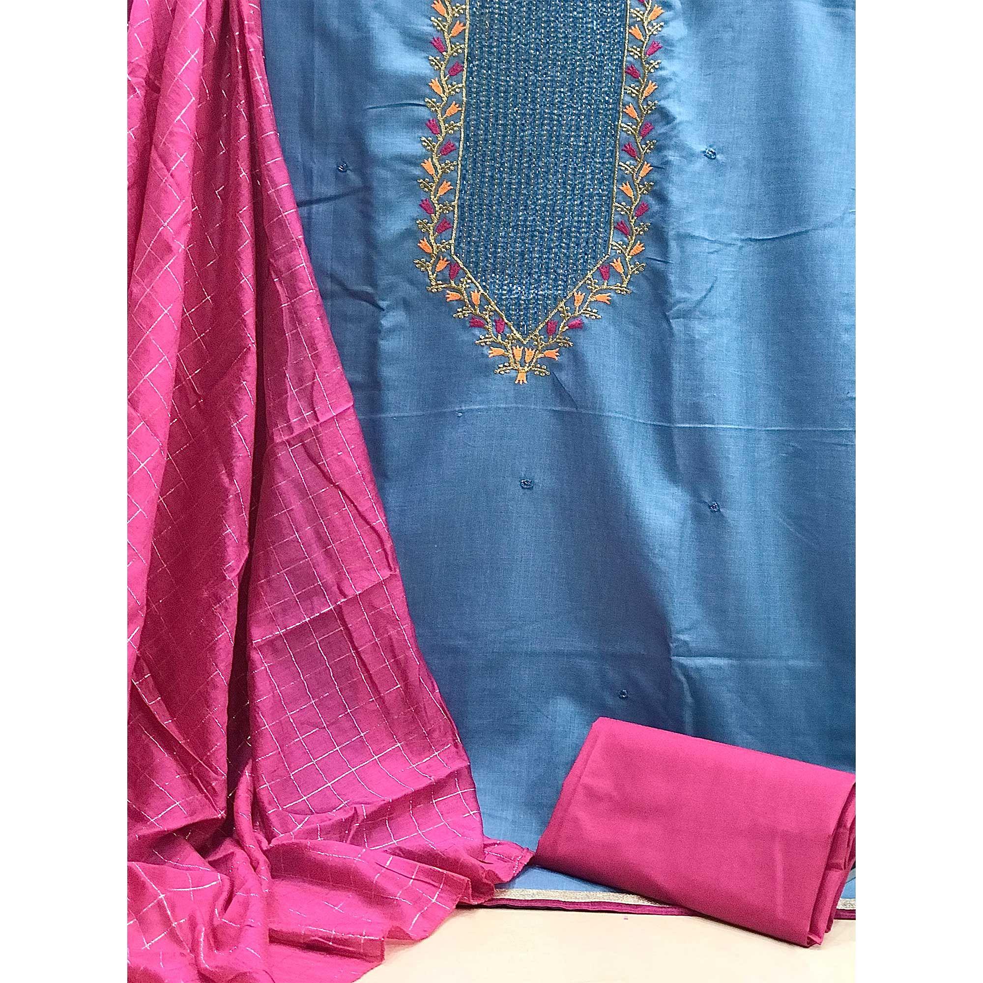 Blue Festive Wear Embroidered Cotton Dress Material - Peachmode
