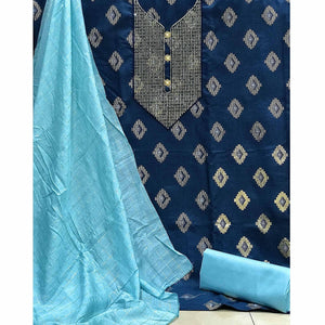 Blue Festive Wear Embroidered Cotton Dress Material - Peachmode