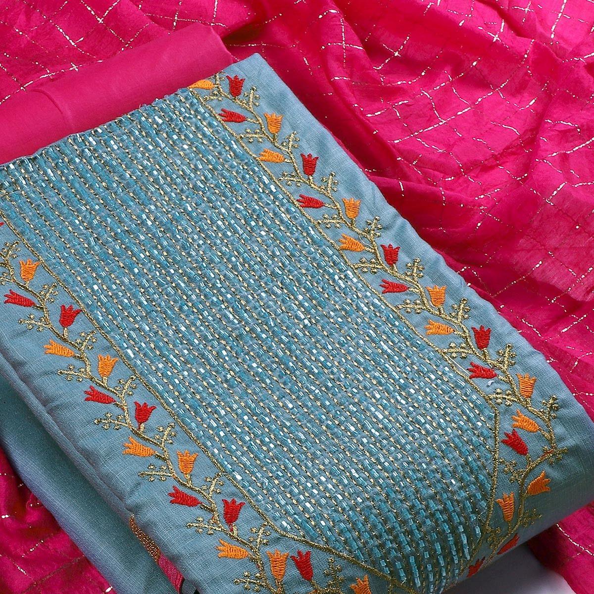 Blue Festive Wear Embroidered Cotton Dress Material - Peachmode