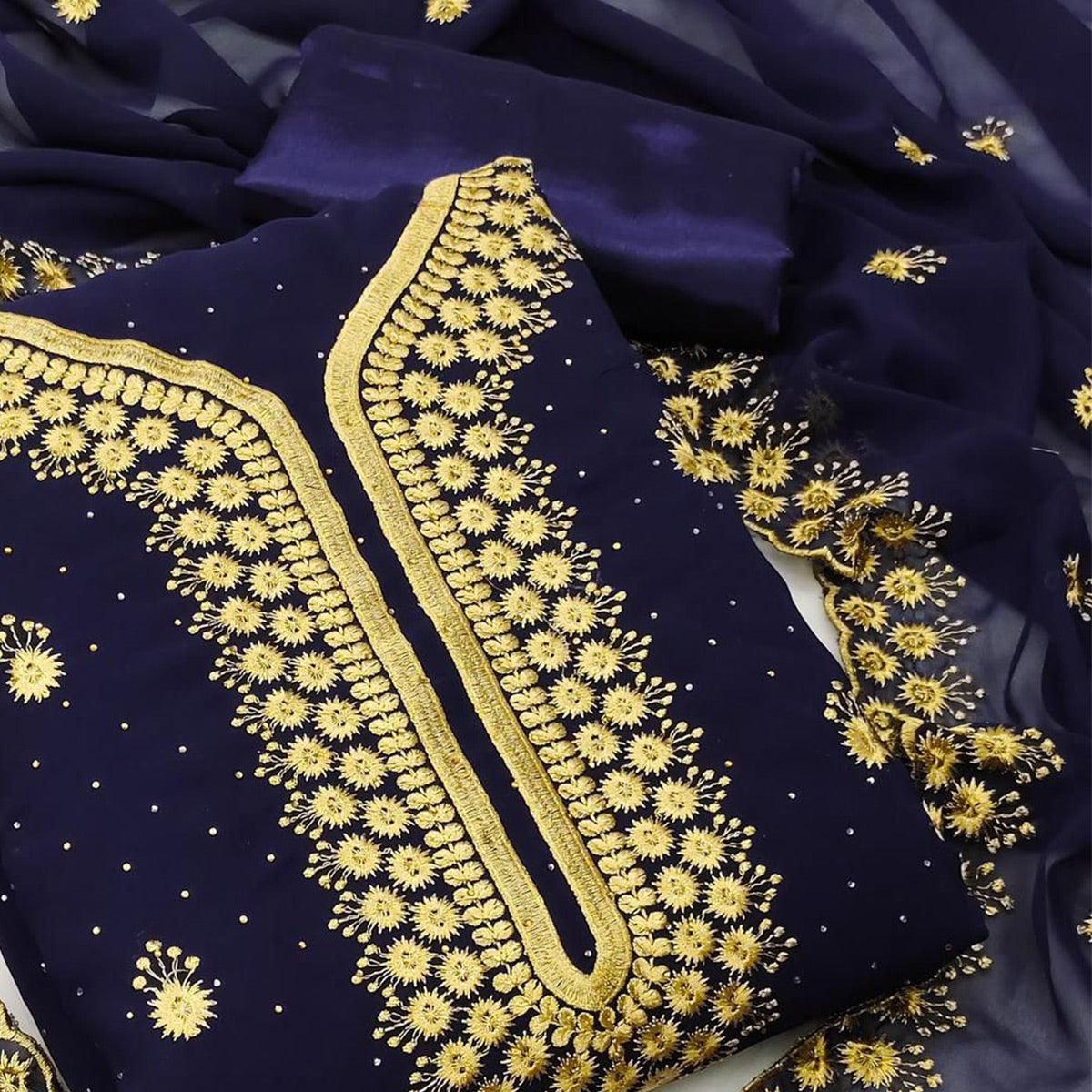 Blue Festive Wear Embroidered Georgette Dress Material - Peachmode