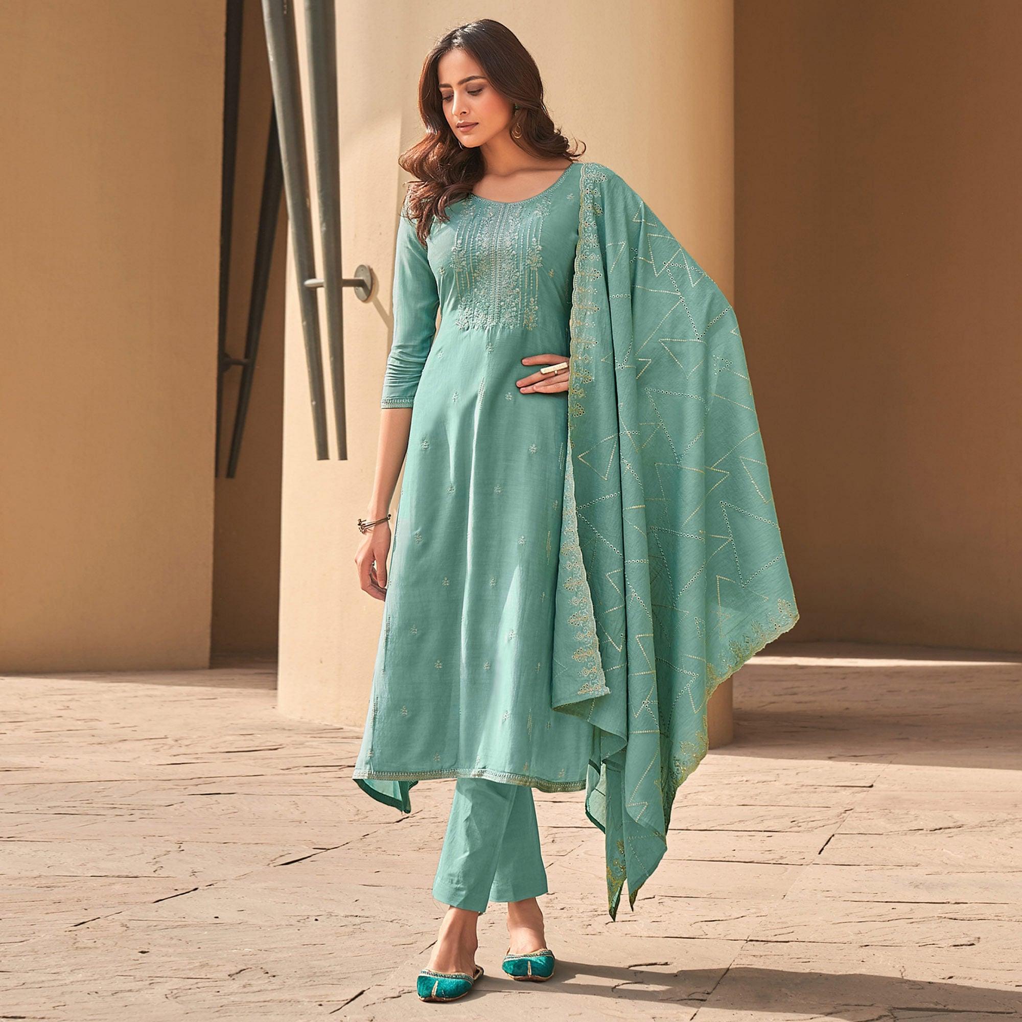 Blue Festive Wear Embroidered Muslin Palazzo Suit - Peachmode