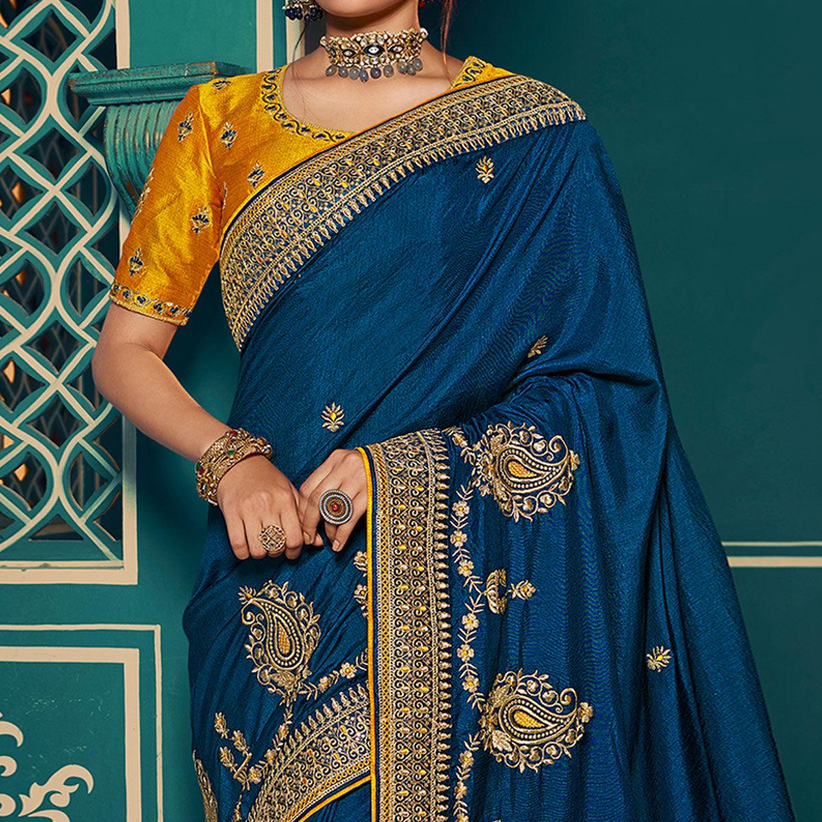 Blue Festive Wear Embroidered Silk Saree - Peachmode