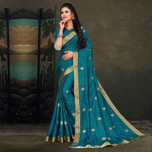 Blue Festive Wear Embroidered Vichitra Silk Saree - Peachmode