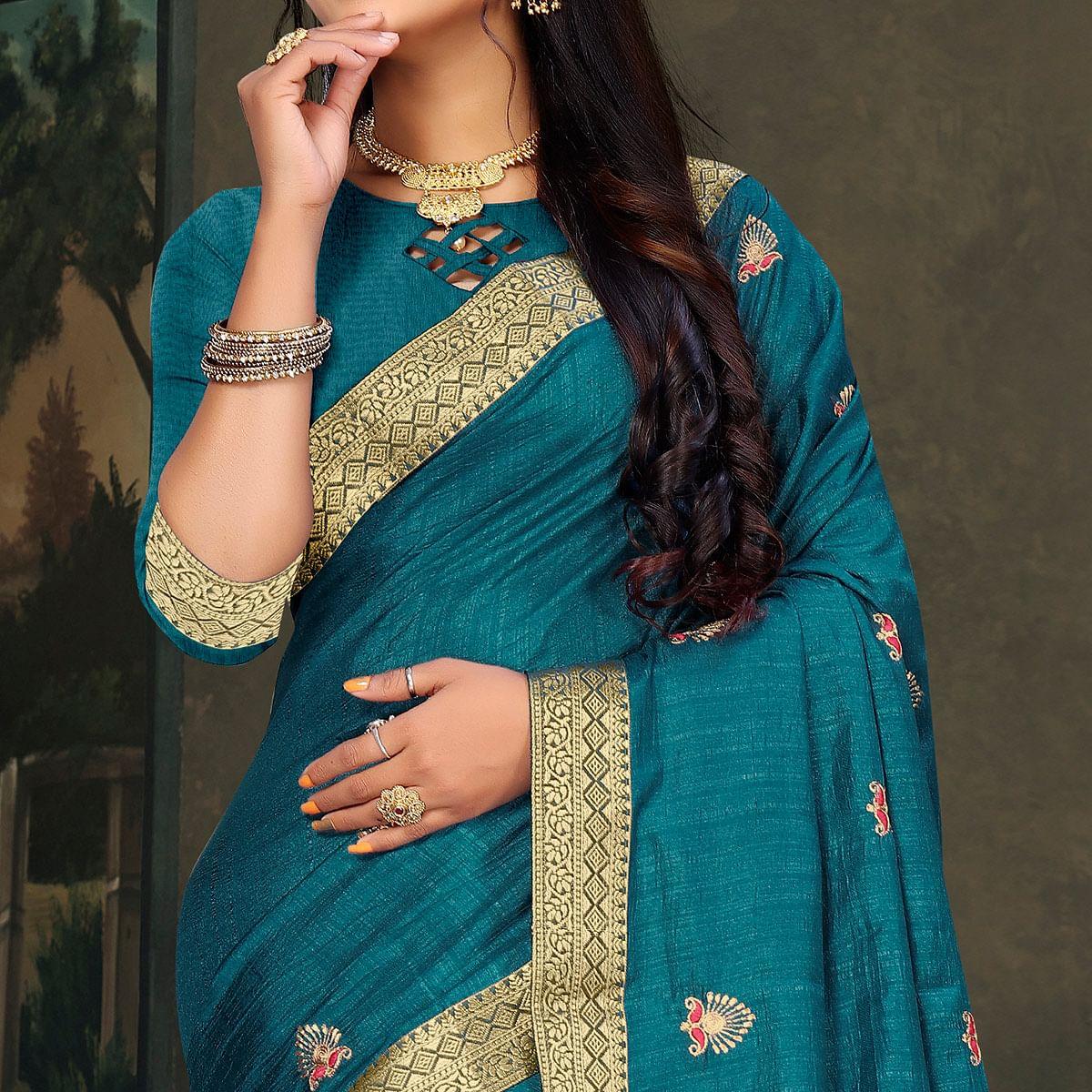 Blue Festive Wear Embroidered Vichitra Silk Saree - Peachmode