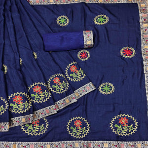 Blue Festive Wear Embroidered With Embellished Vichitra Silk Saree - Peachmode