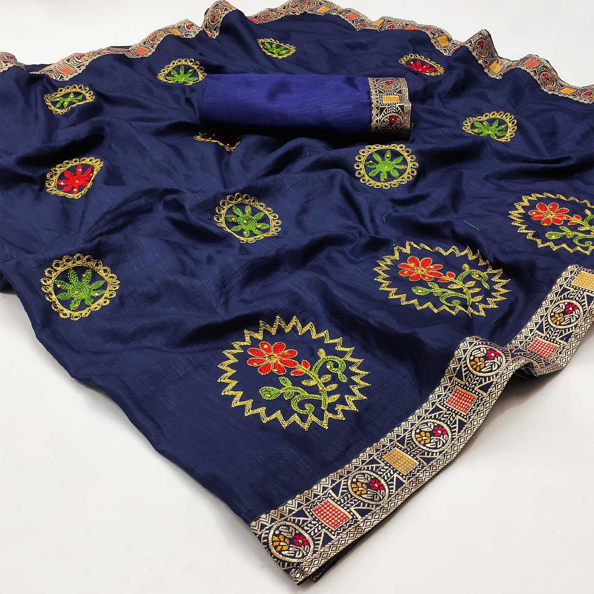 Blue Festive Wear Embroidered With Embellished Vichitra Silk Saree - Peachmode