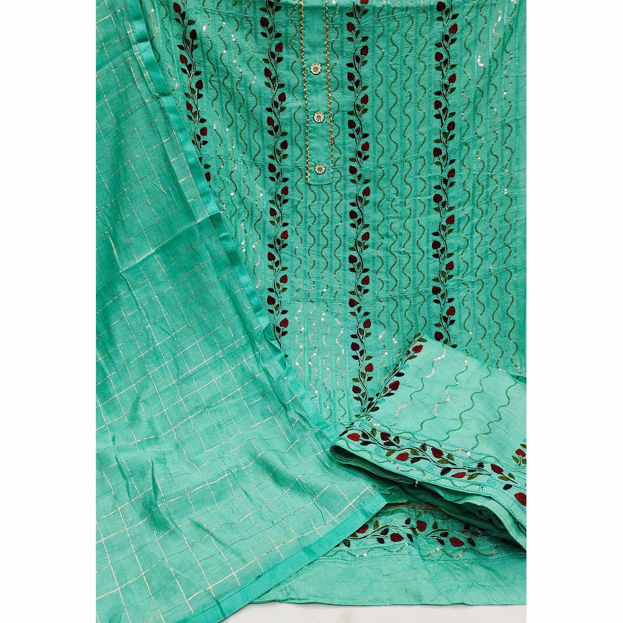 Blue Festive Wear Embroidery With Embellished Cotton Dress Material - Peachmode